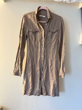0039 Italy Linen Button-Front Shirt Dress in Taupe